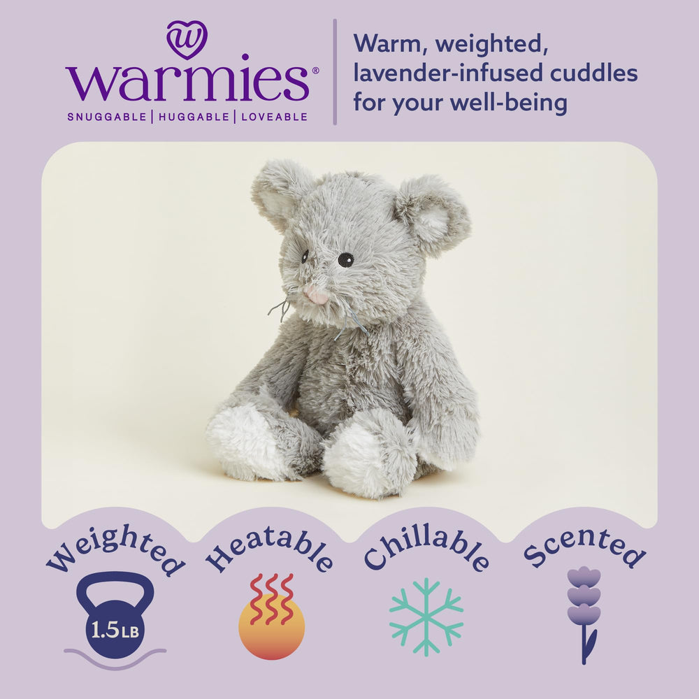 Warmies Mouse weighted plush offers comforting hugs.