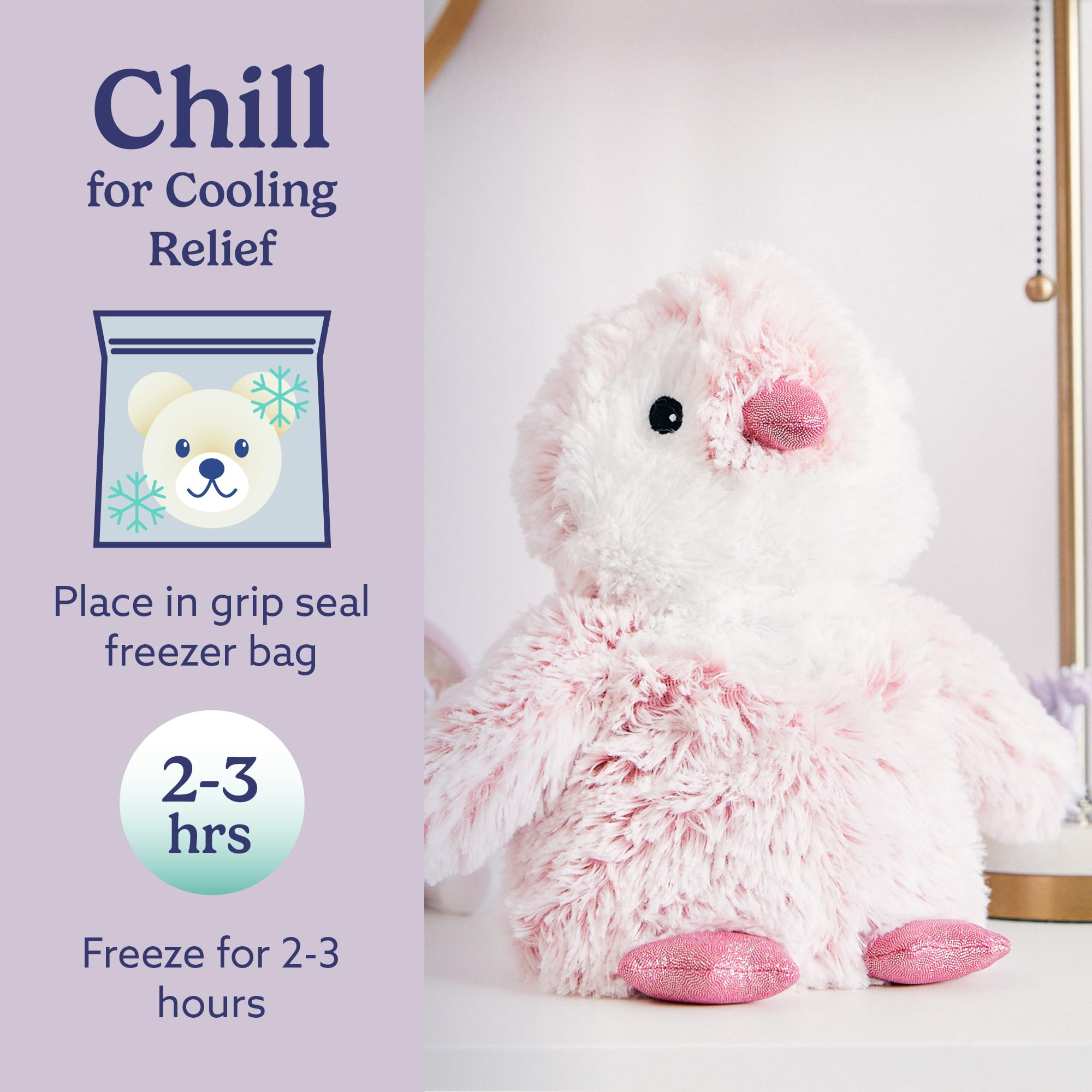 Warmies Pink Penguin lavender scent adds gentle calm during bedtime.