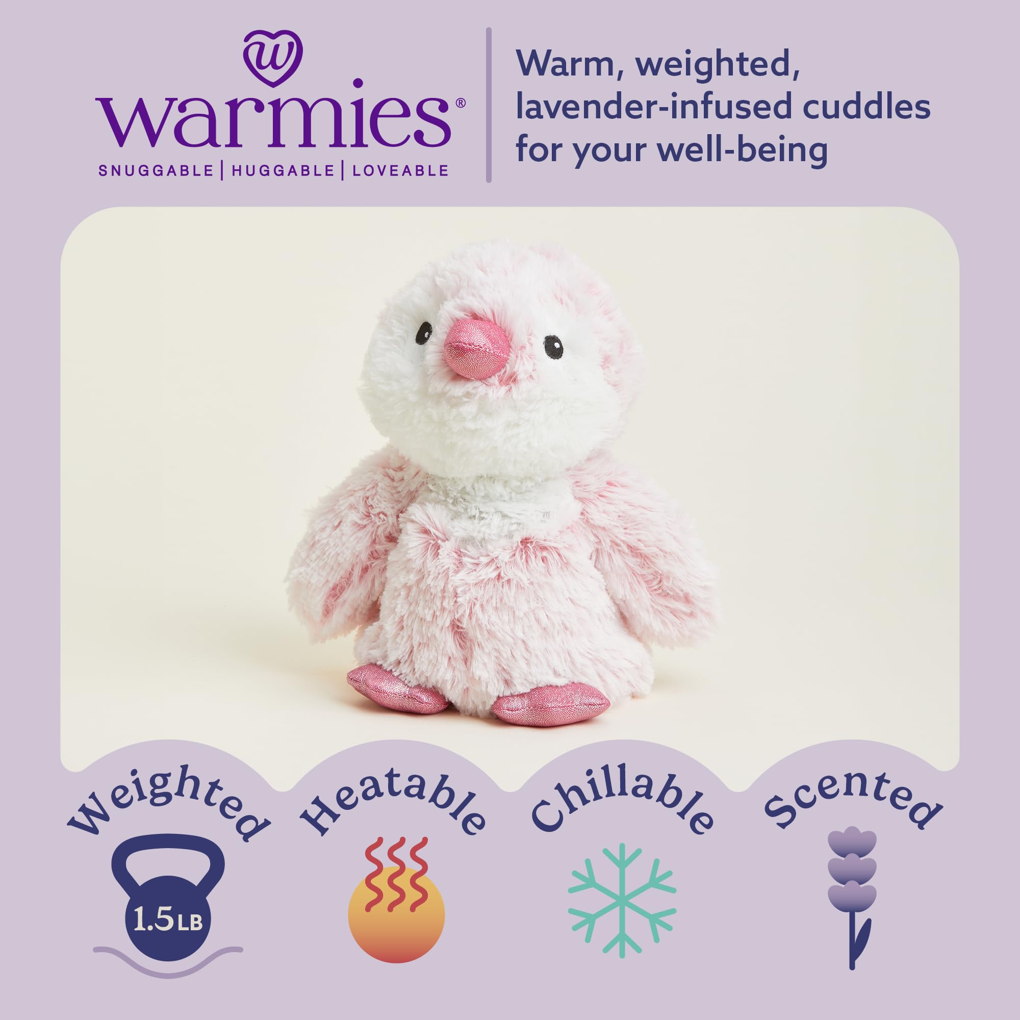 Warmies Pink Penguin weighted plush used for comforting hugs and calm moments.