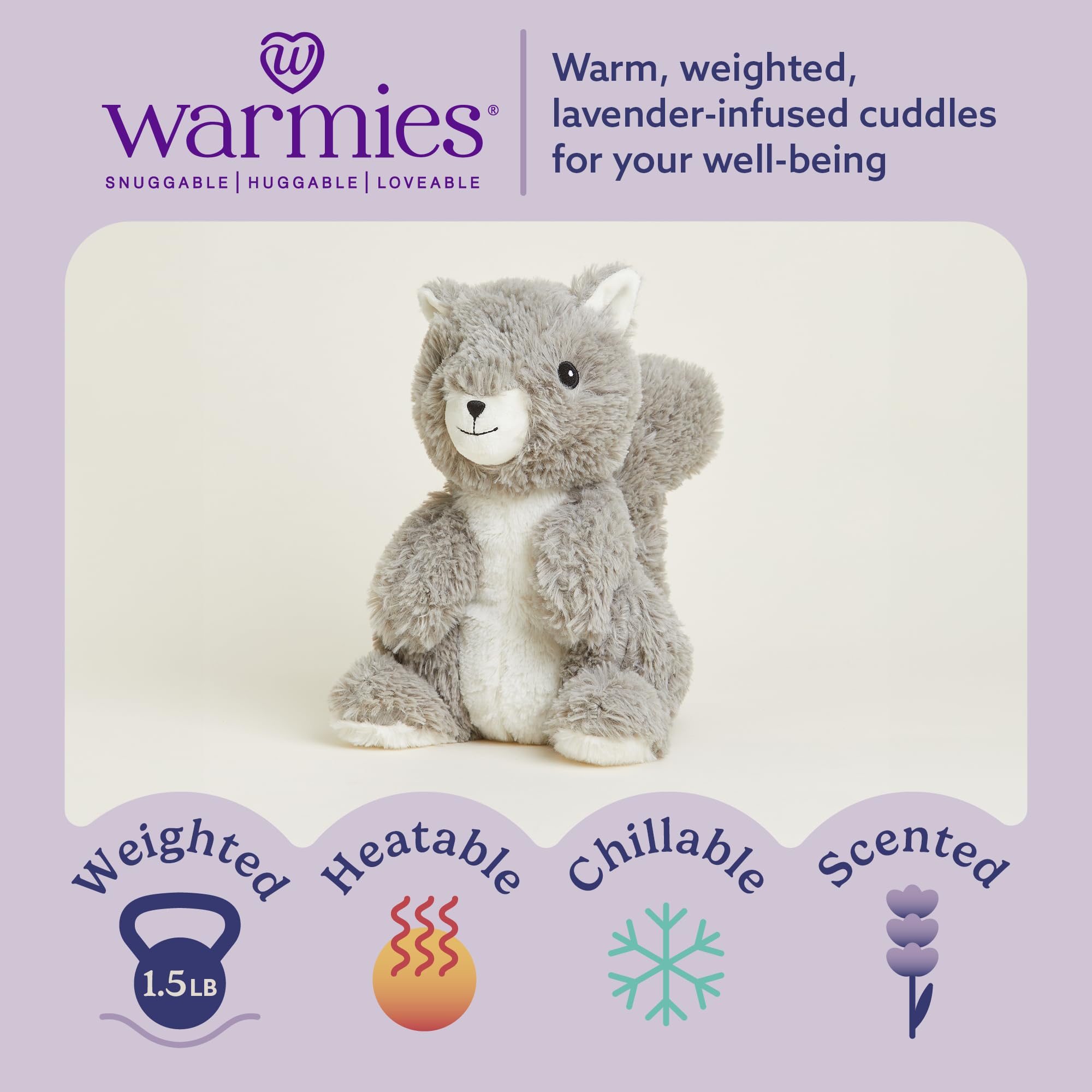 Warmies Squirrel weighted plush provides a reassuring hug while resting.