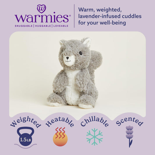 Warmies Squirrel weighted plush provides a reassuring hug while resting.
