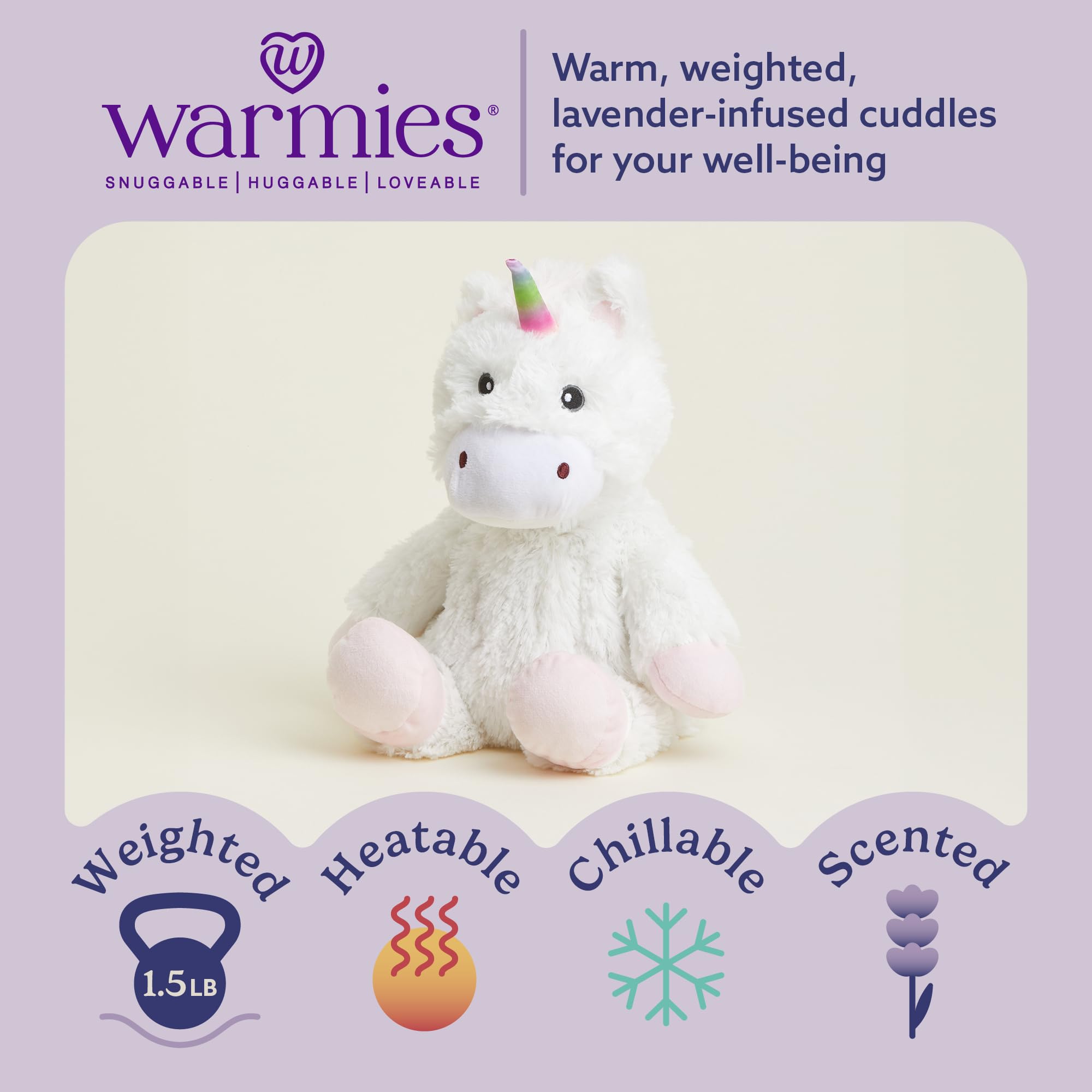 Warmies White Unicorn weighted plush provides a cozy hug during relaxation