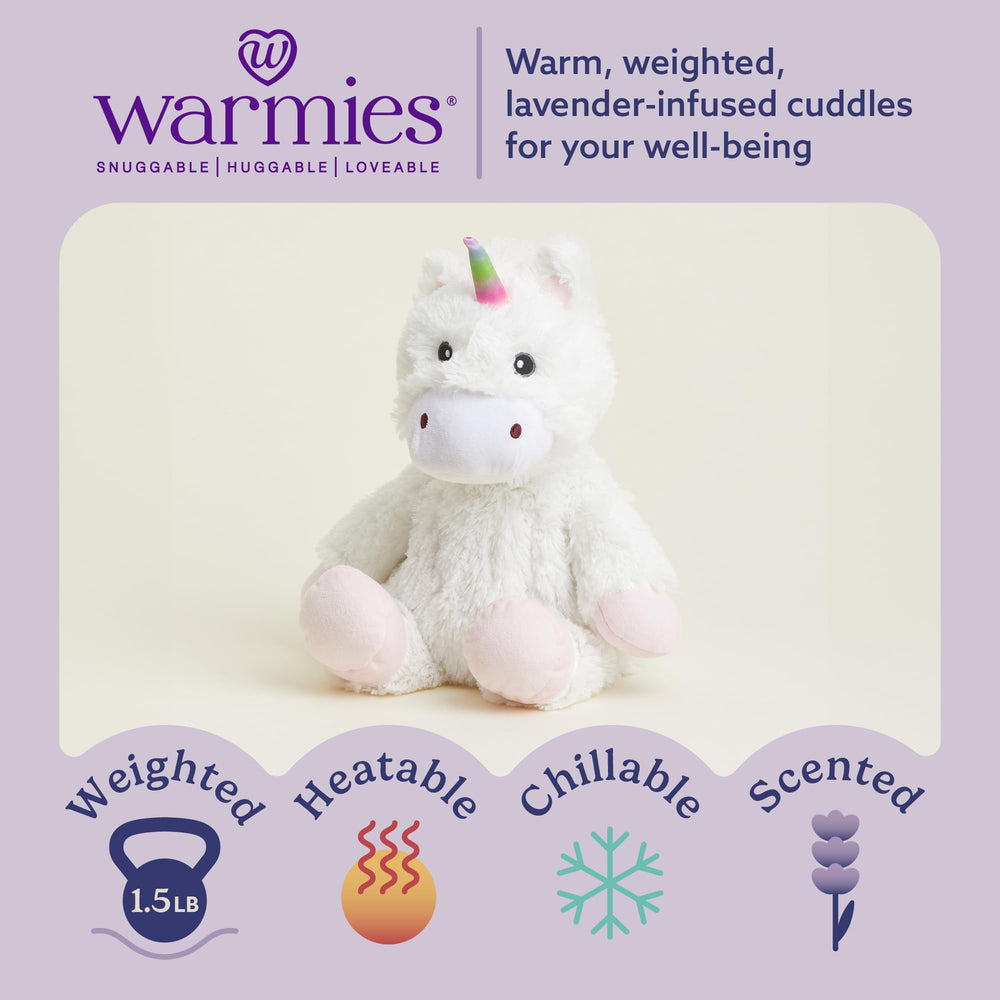 Warmies White Unicorn weighted plush provides a cozy hug during relaxation