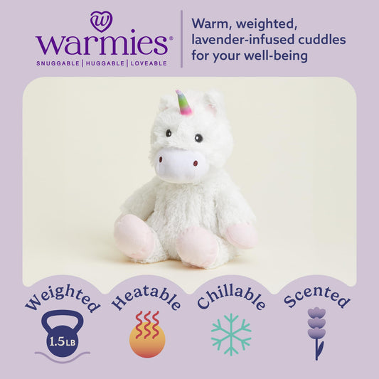 Warmies White Unicorn weighted plush provides a cozy hug during relaxation