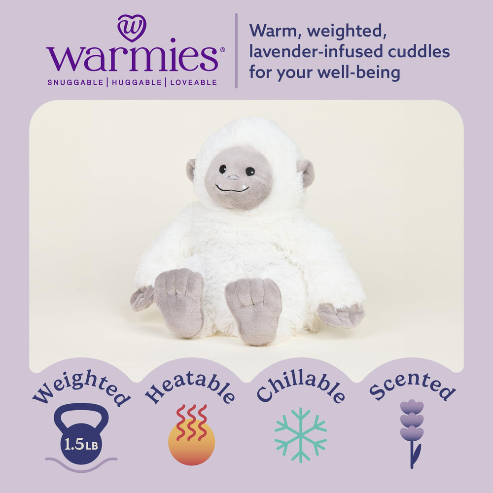 Warmies Yeti weighted plush offers comforting heft for cuddles.