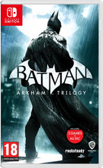Warner Bros Batman Arkham Trilogy Switch cover art highlights iconic heroes for collectors.