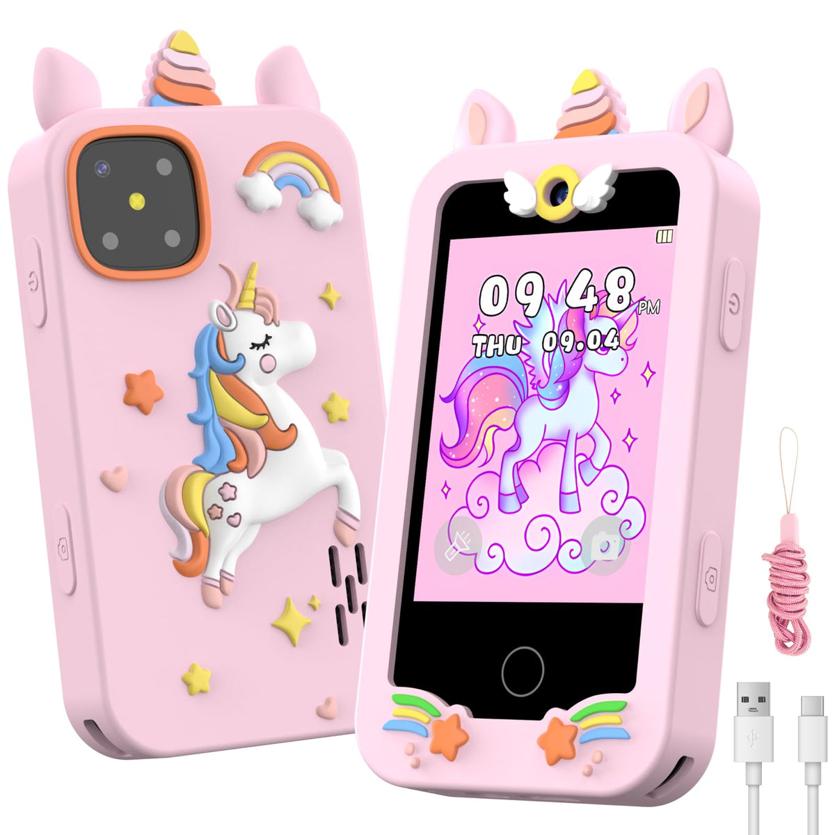 WARWARS kids smart phone girls front view with playful colors for beginner selfies.