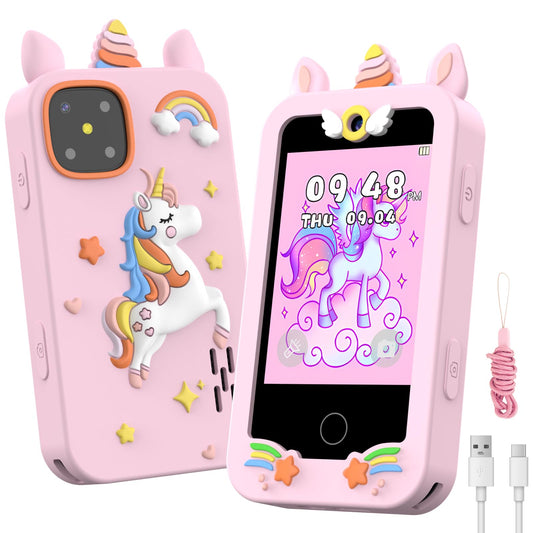 WARWARS kids smart phone girls front view with playful colors for beginner selfies.