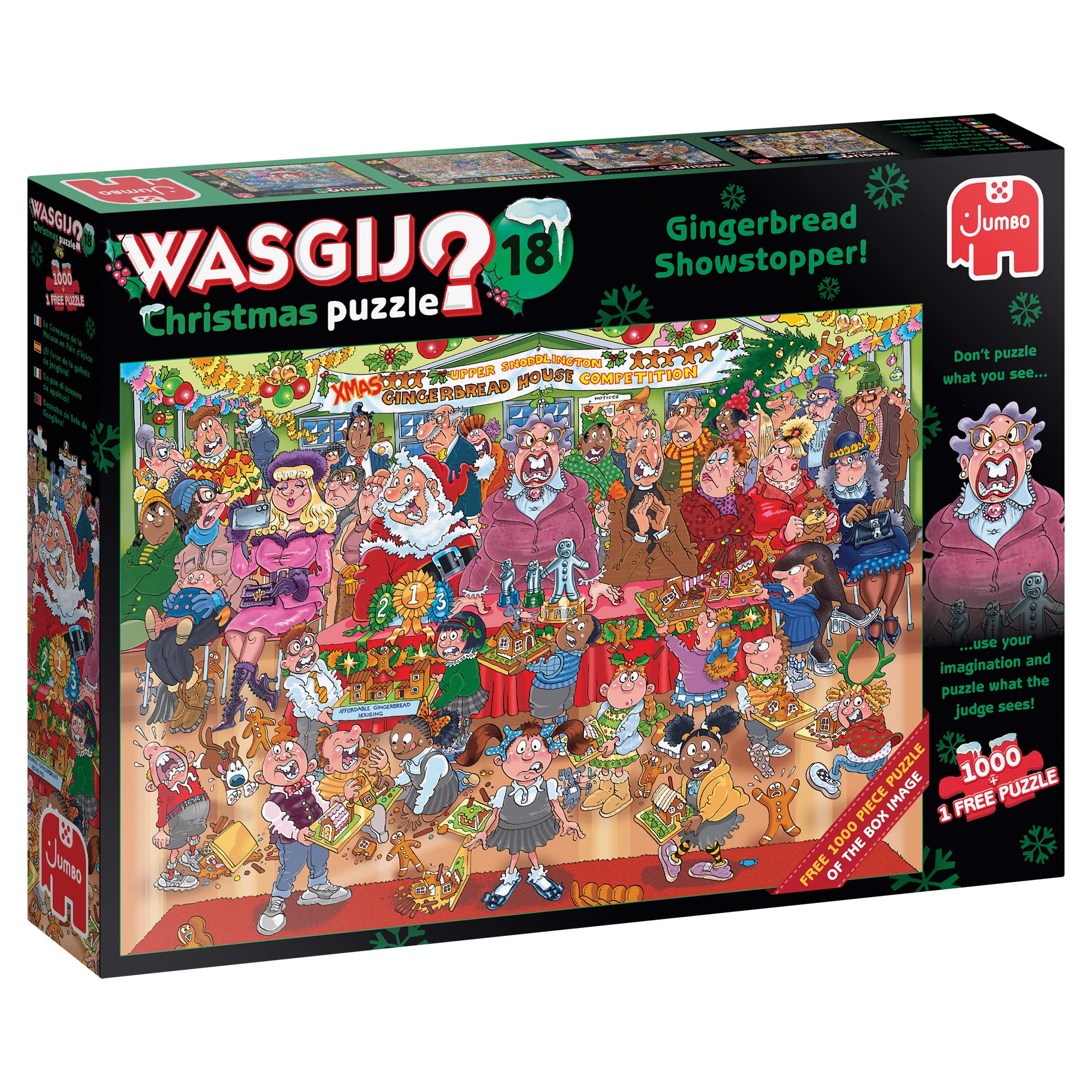 Wasgij Christmas 18 Gingerbread Showstopper box art invites curiosity and holiday puzzling fun.
