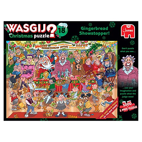 Wasgij Christmas 18 Gingerbread Showstopper puzzle pieces illustrate two 1,000-piece puzzles.