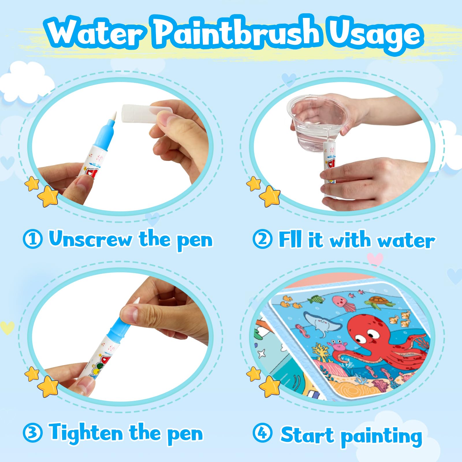 Water Painting Book for Kids with easy-grip water brushes for smooth painting