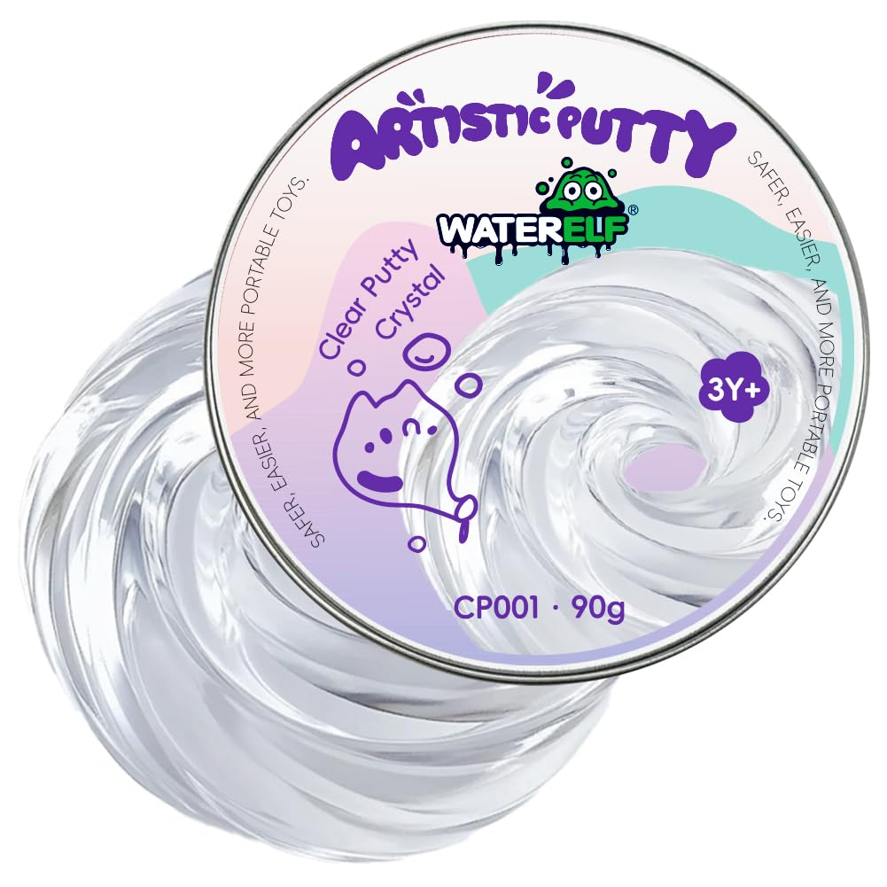 WaterELF Crystal transparent putty tin showing non-sticky texture for calm focus
