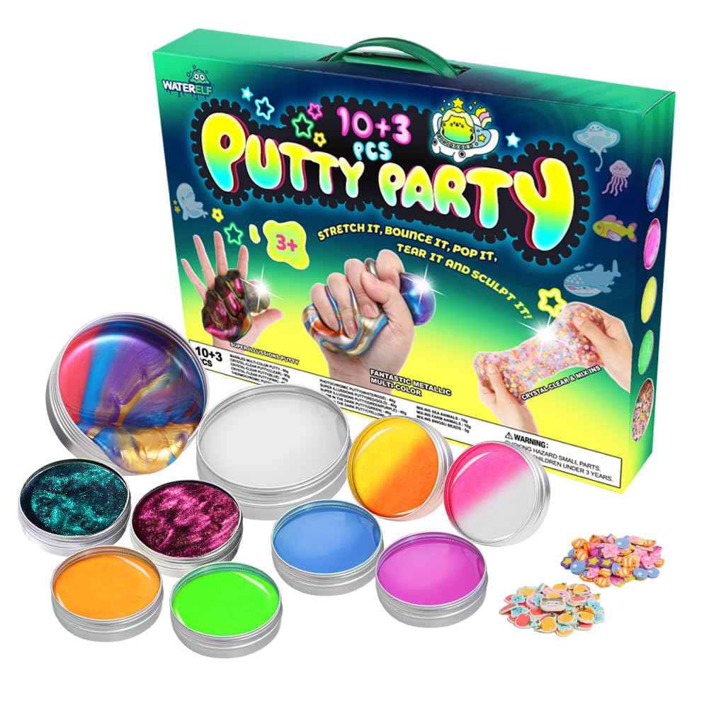 WaterElf putty slime kit on display with 10 packs for creative play and stress relief