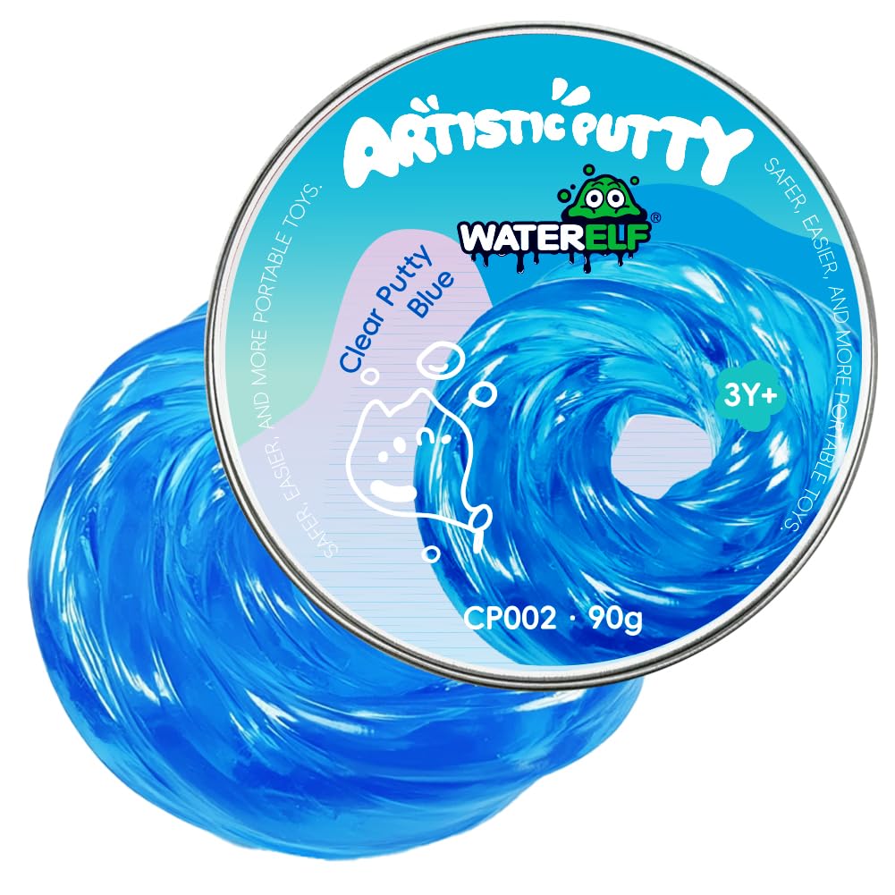 WATERELF blue transparent putty tin front view for sensory play and focus