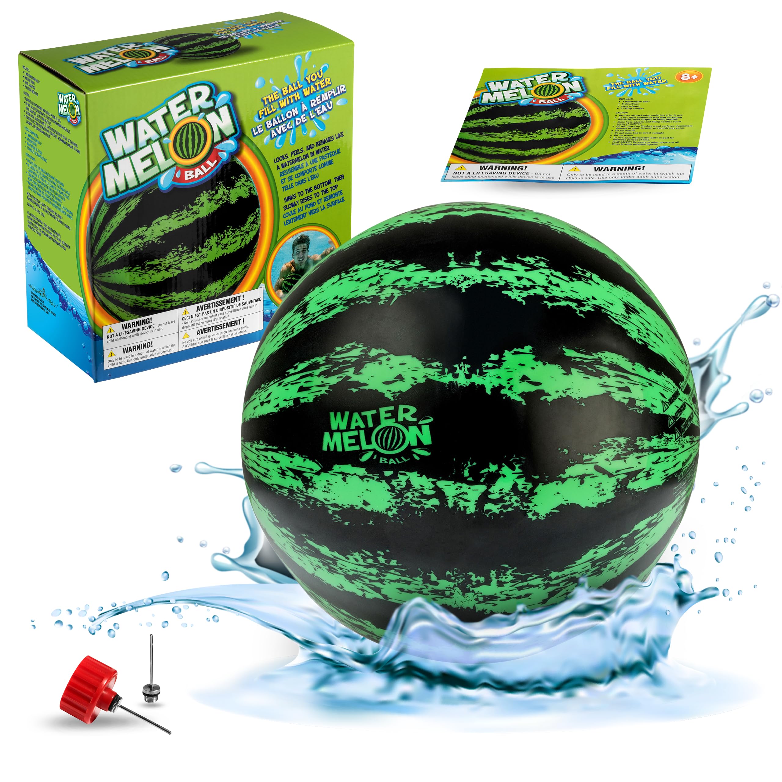 Watermelon Ball easy-fill setup with needle-nose adapter enables quick pool play