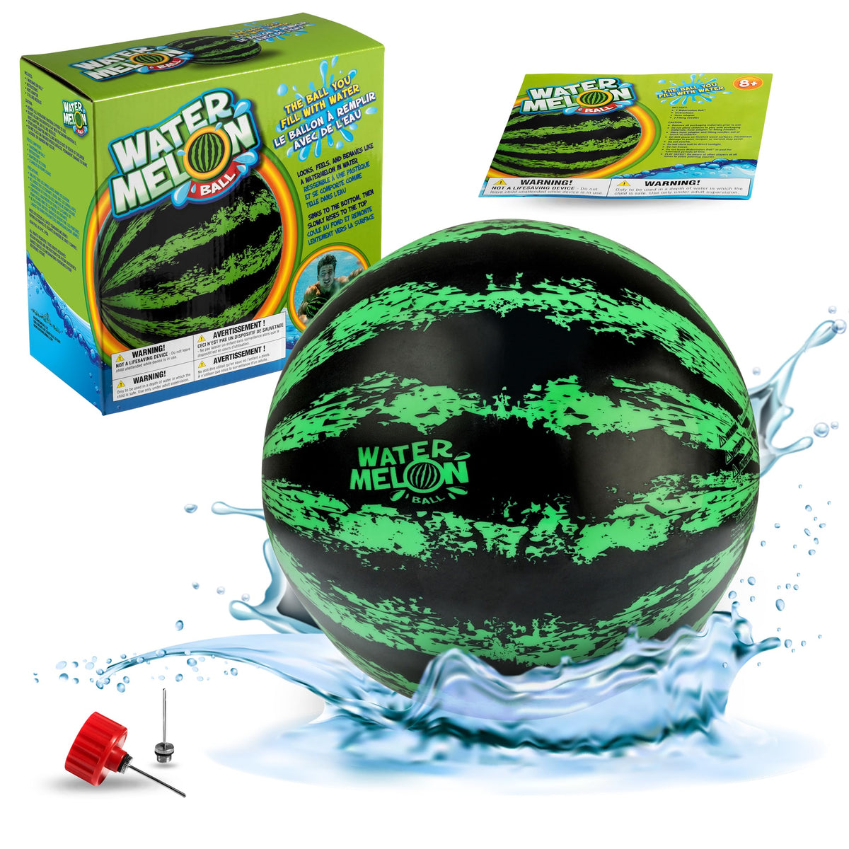 Watermelon Ball easy-fill setup with needle-nose adapter enables quick pool play