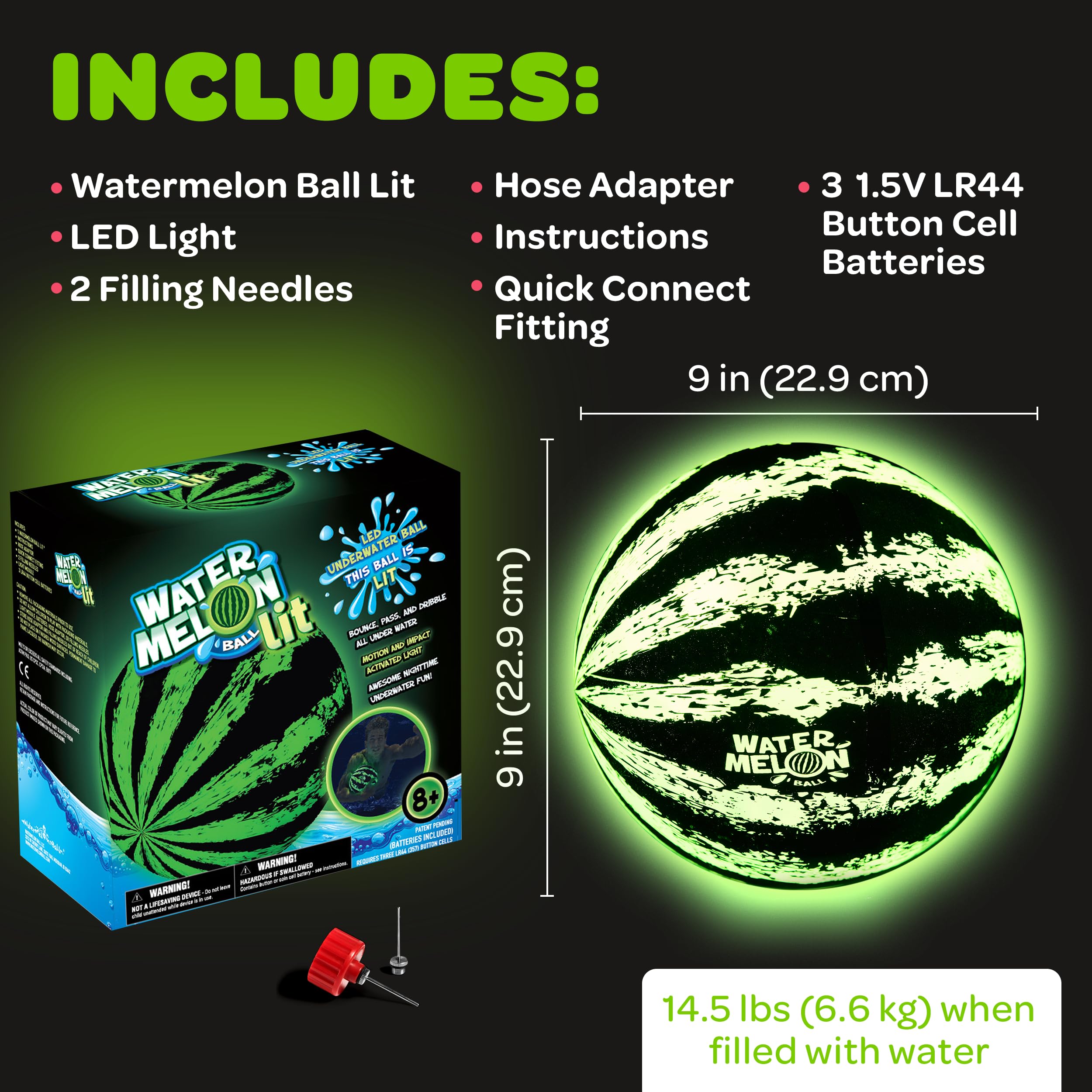 Watermelon Ball Lit battery compartment for easy glow maintenance.