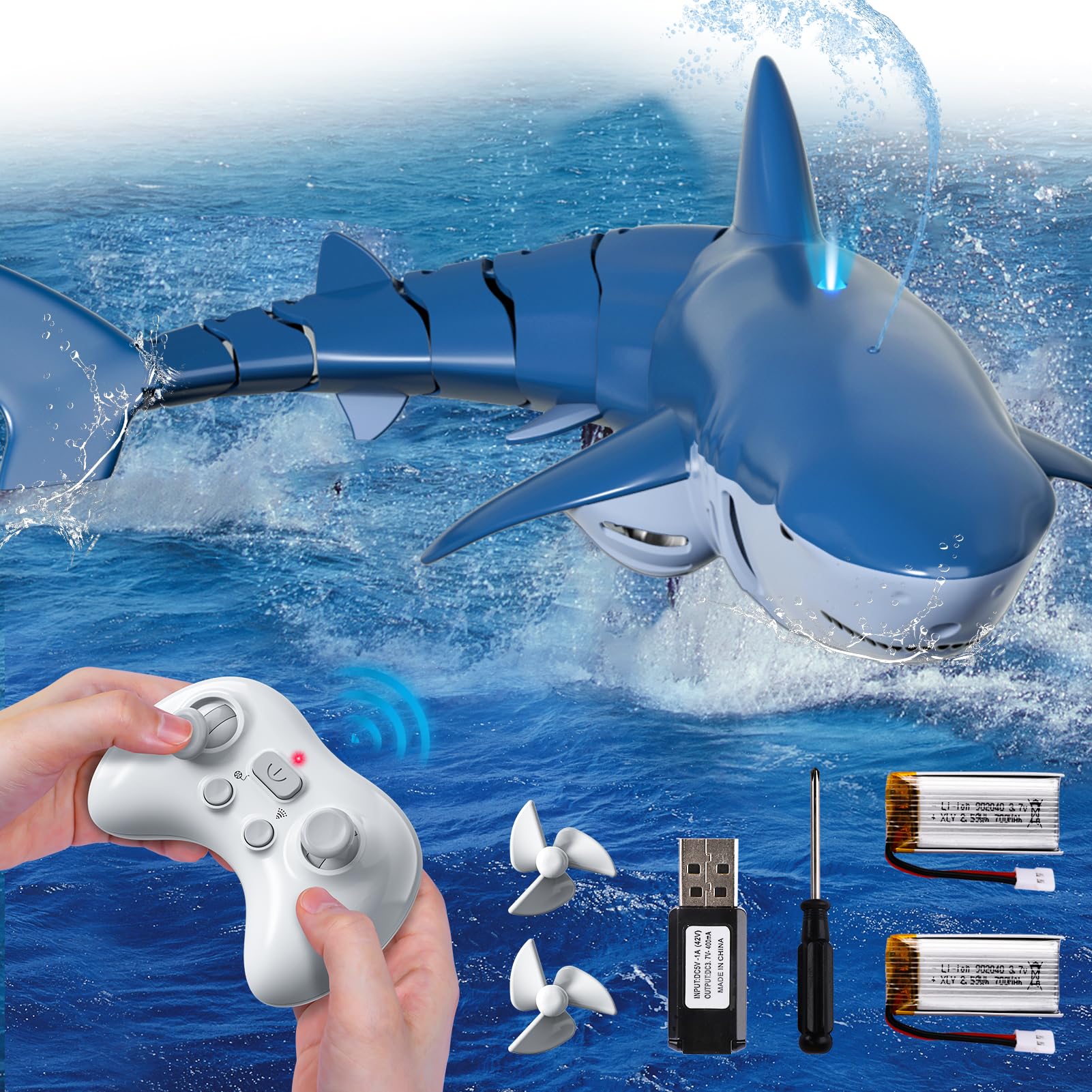 Watudou remote shark toy in water with light and spray for nighttime play