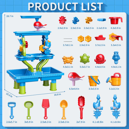 Watudou water table with beach accessories set promotes fine motor skills during pretend play.