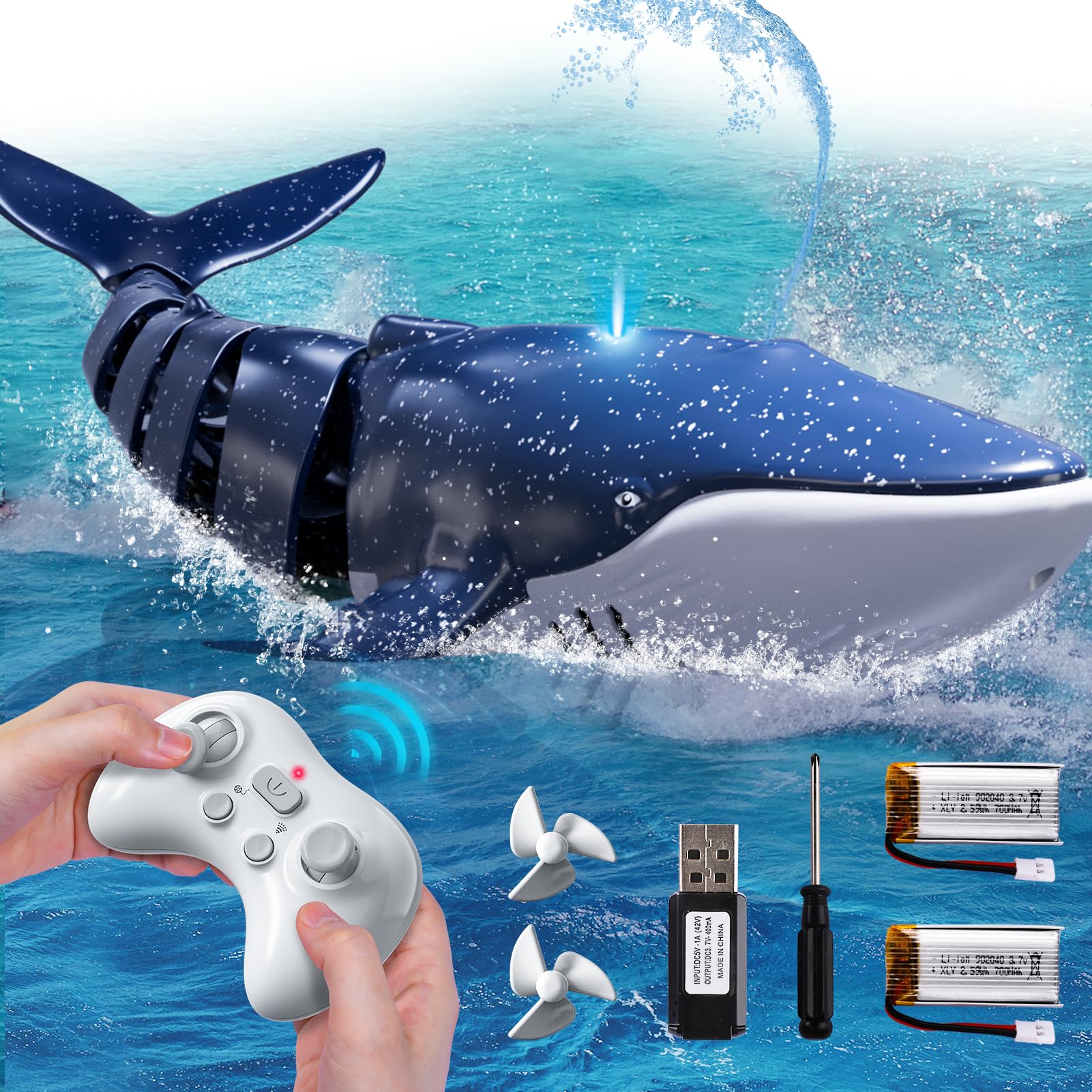 Watudou remote-control whale shark, front view, ideal for pool adventures.
