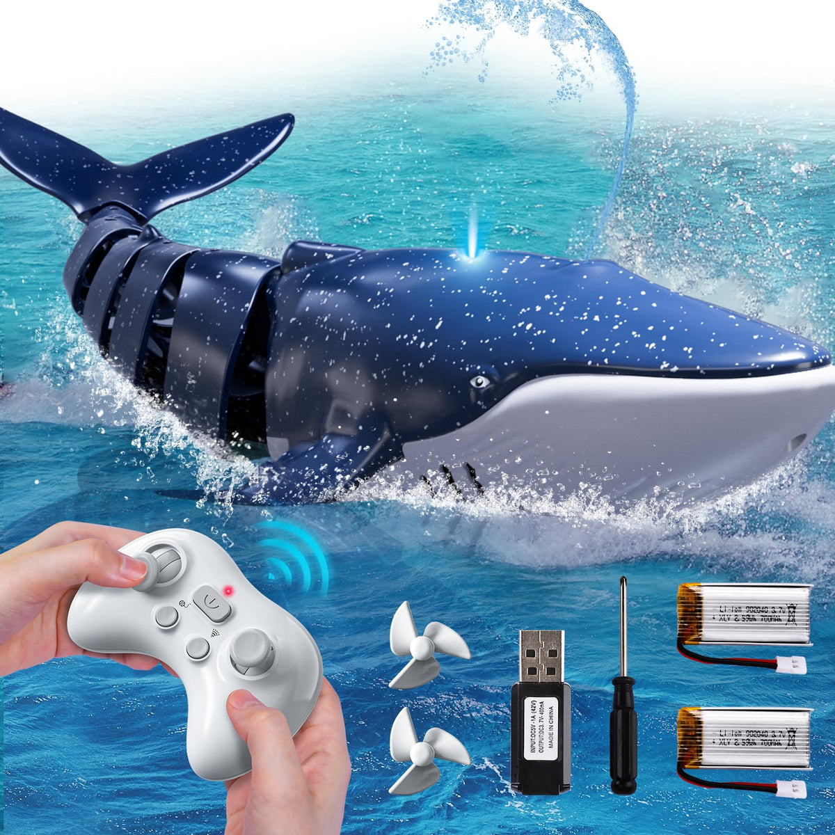 Watudou remote-control whale shark, front view, ideal for pool adventures.