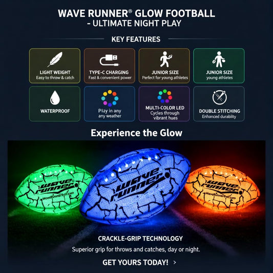 Wave Runner Glow Football pump included for quick inflation before outdoor fun.