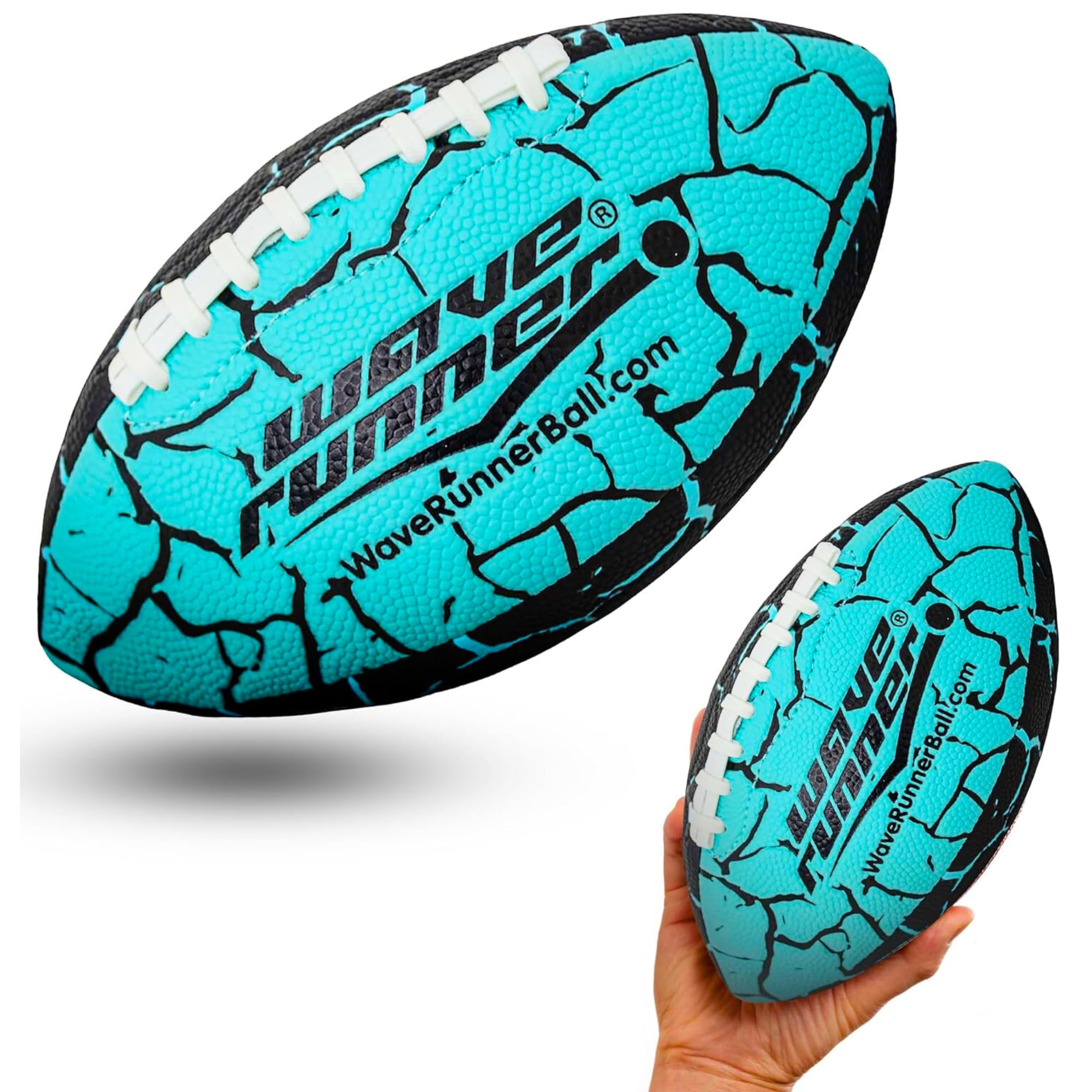 Wave Runner Grip It football front view showing waterproof all-terrain grip for wet and dry play.