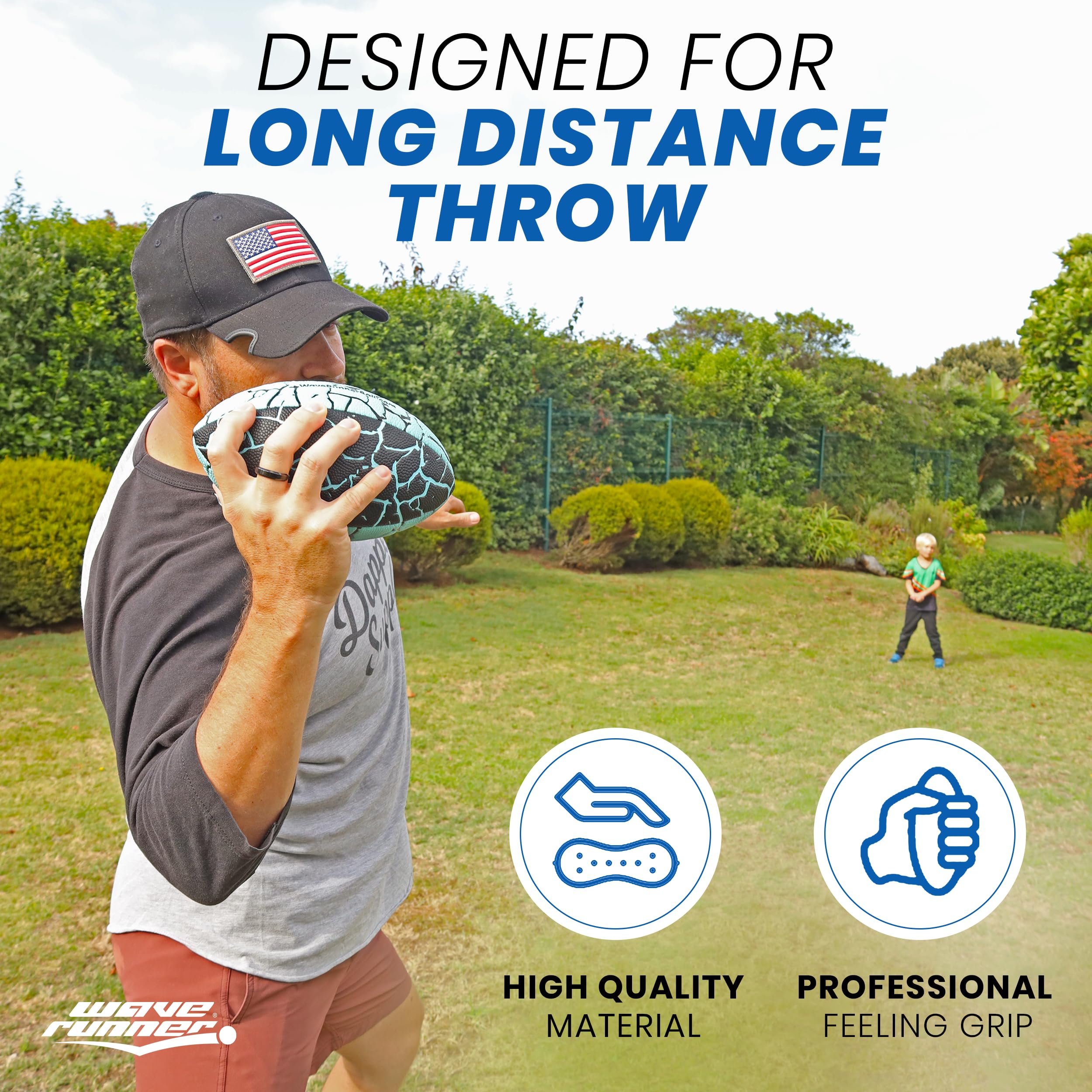 Wave Runner Grip It football held by a kid during backyard game for outdoor fun.