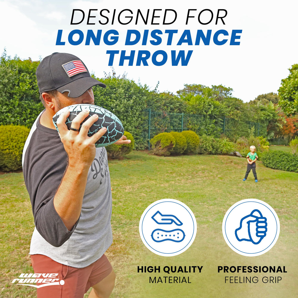 Wave Runner Grip It football held by a kid during backyard game for outdoor fun.