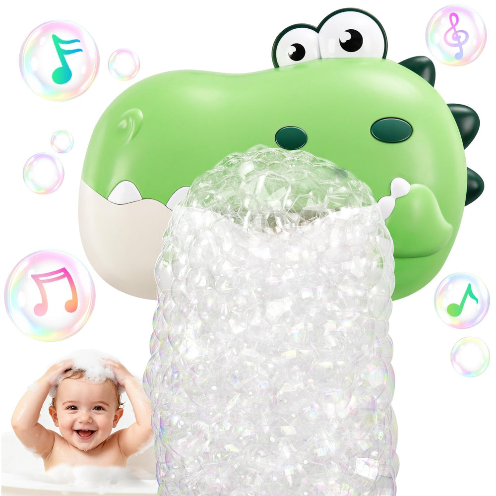 WAVISA dinosaur bubble machine bath toy in green creates bubbles for engaging bath time.