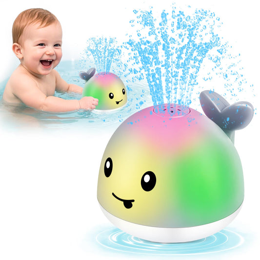 WAVISA whale bath toy sprinkler in action, bright lights during bath time.