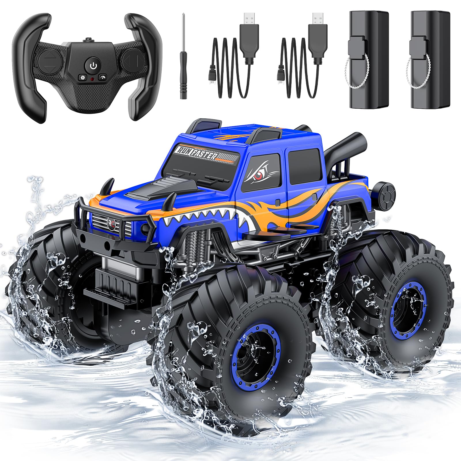 WayEee amphibious monster truck with blue body ready for water play.