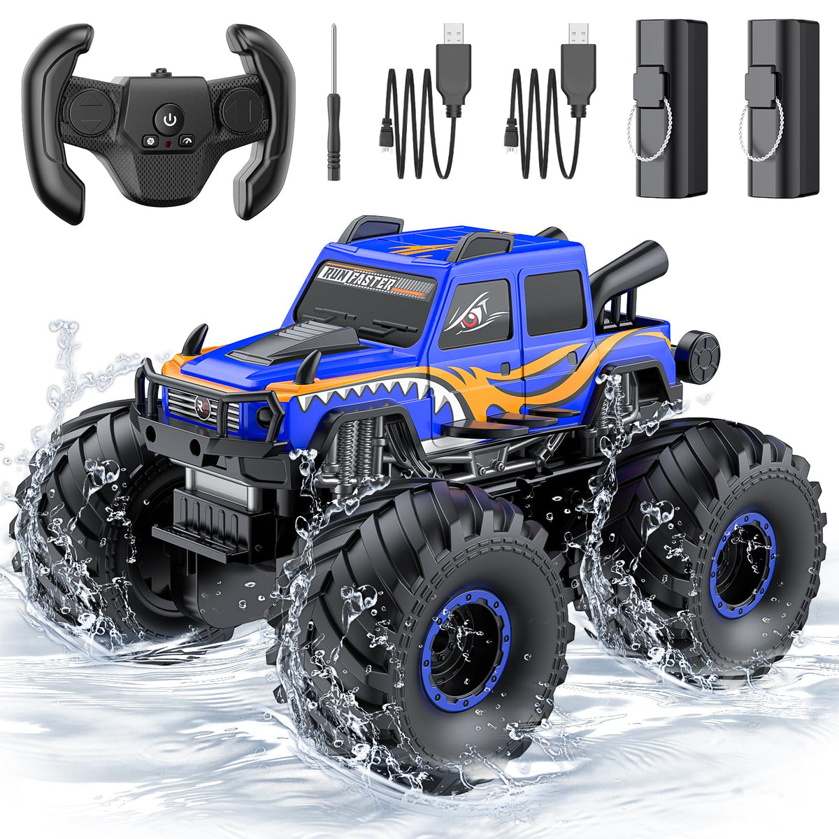 WayEee amphibious monster truck with blue body ready for water play.