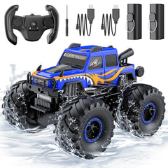 WayEee amphibious monster truck with blue body ready for water play.