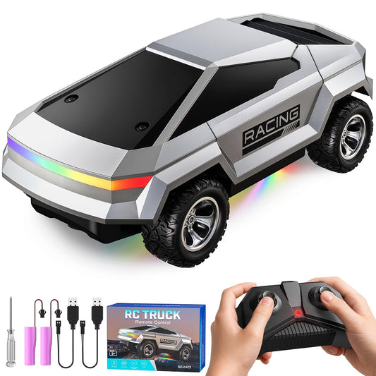 WayEee Cyber RC Truck front view with LEDs for indoor play.