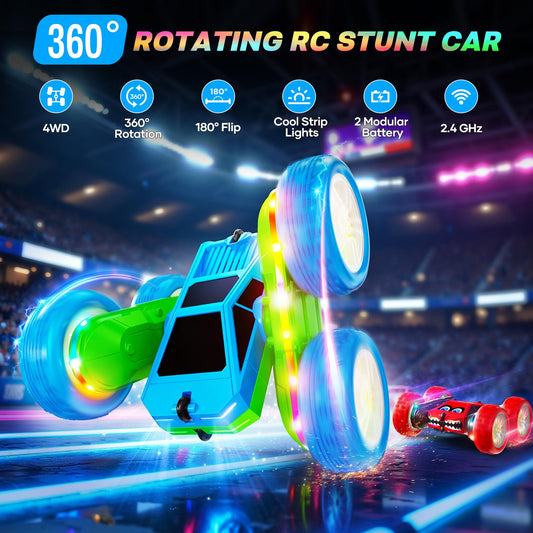 WayEee RC stunt car with 4WD and LED light strips for enhanced night play.