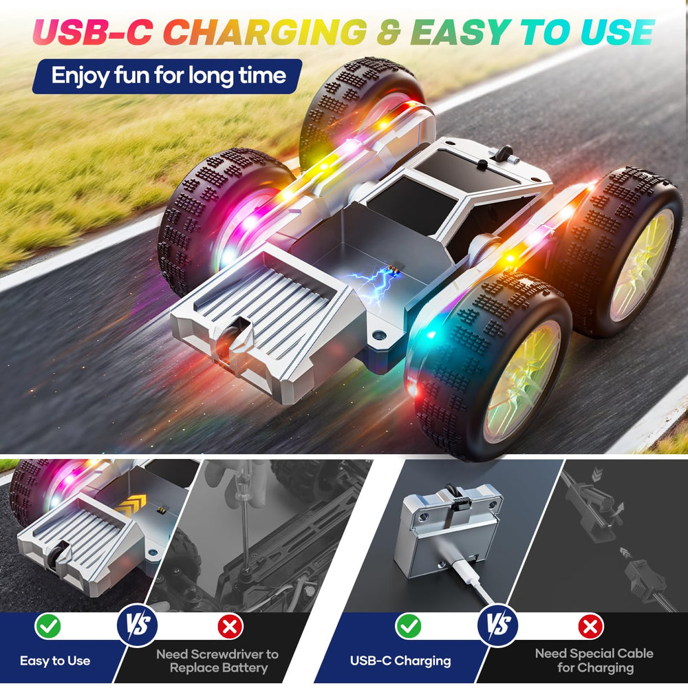 WayEee RC car charges quickly with Type-C connection for easy recharging.