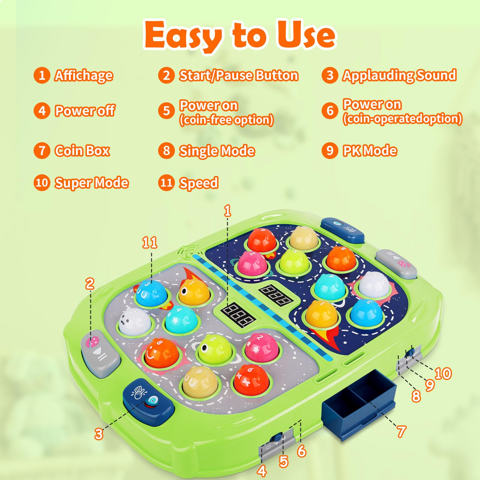 WAYKEE Whack a Game Mole durable plastic with suction cups for table stability.