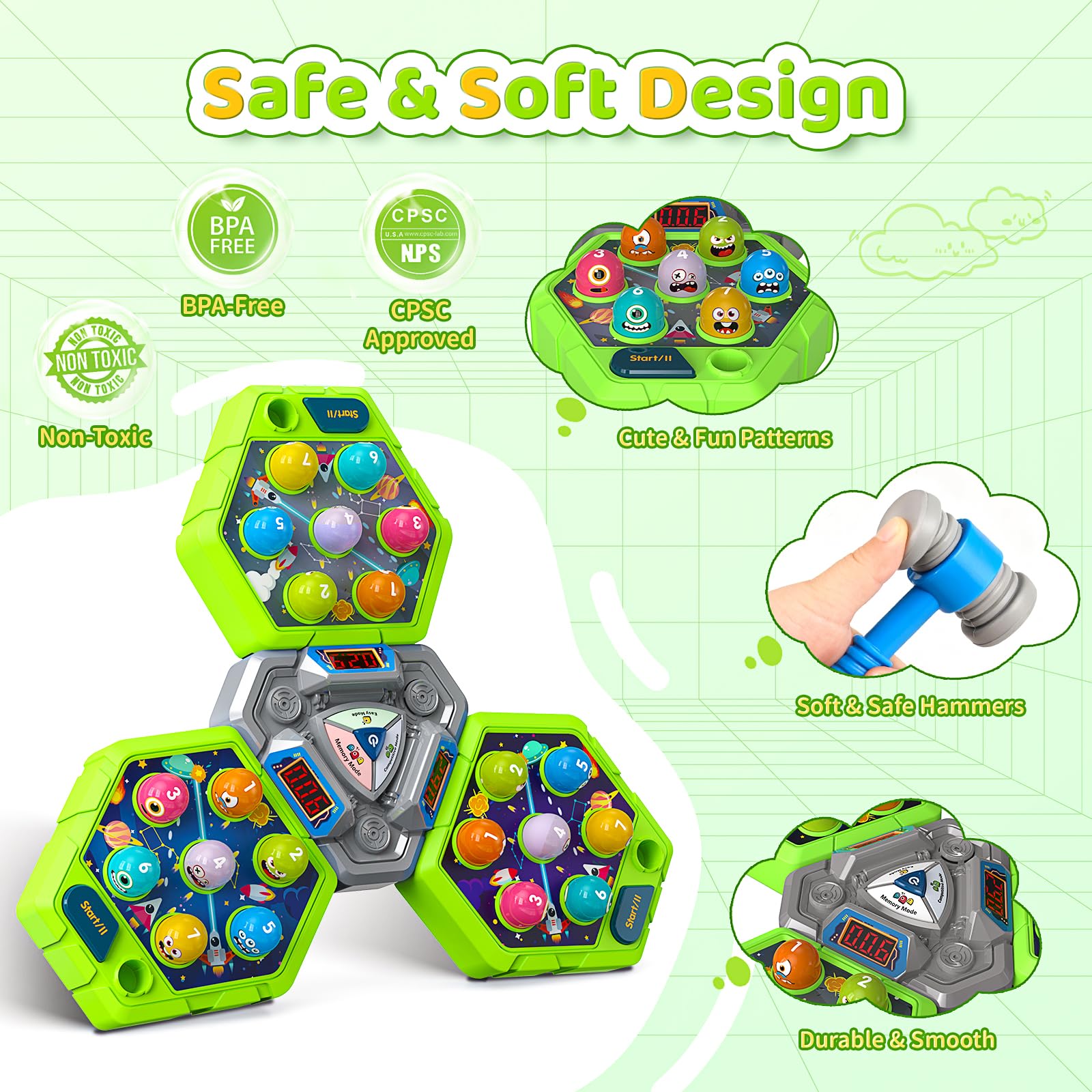 WAYKEE Whack Game Mole music and lights provide lively feedback