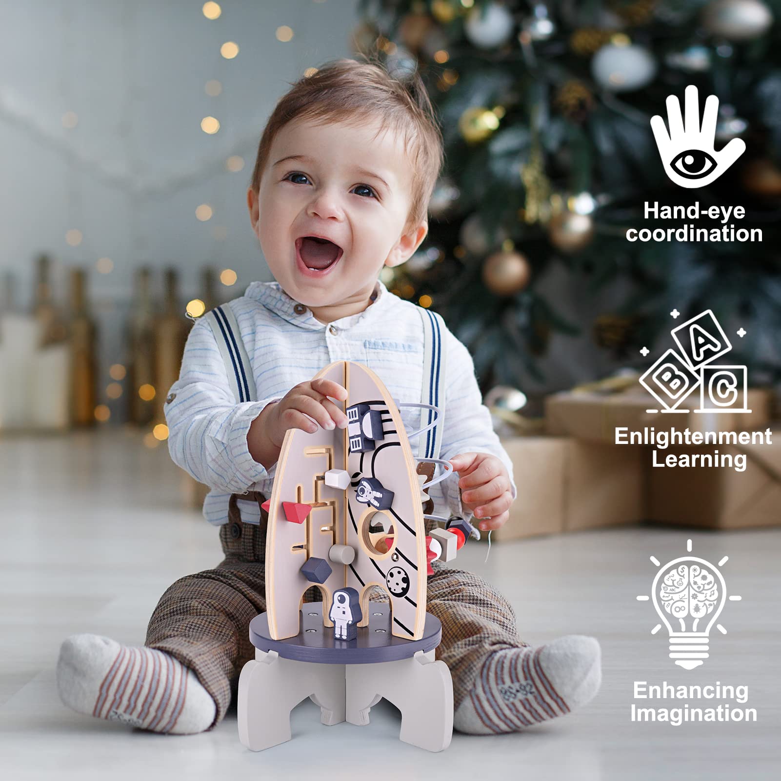 Wdmiya Space Rocket Activity Cube wooden construction with non-toxic finish for safe play.