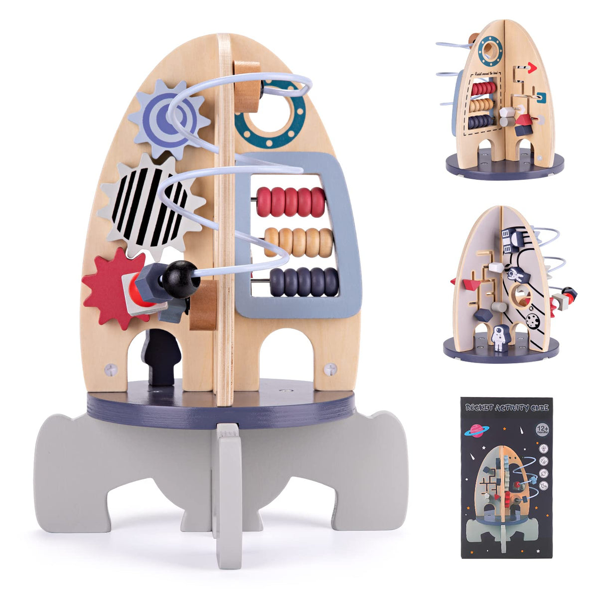 Wdmiya Space Rocket Activity Cube front view with bead maze to boost fine motor skills.