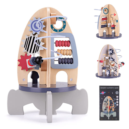 Wdmiya Space Rocket Activity Cube front view with bead maze to boost fine motor skills.