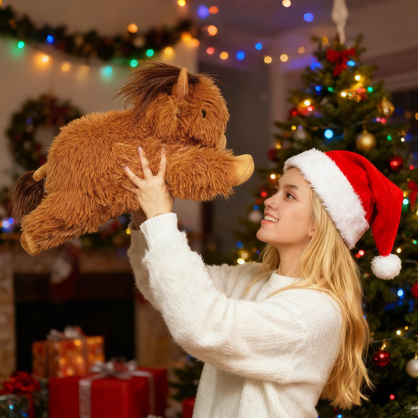WDXDSOB Highland Cow plush room decor in a farmhouse-styled space.