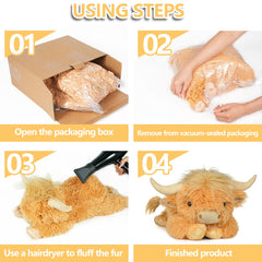 WDXDSOB Highland Cow plush in a cozy bedroom nook.
