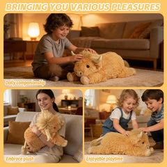 WDXDSOB weighted Highland Cow plush hugged by a child.