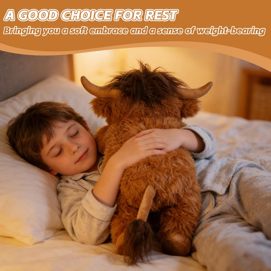 WDXDSOB weighted Highland Cow plush side view, ideal for cozy room decor.