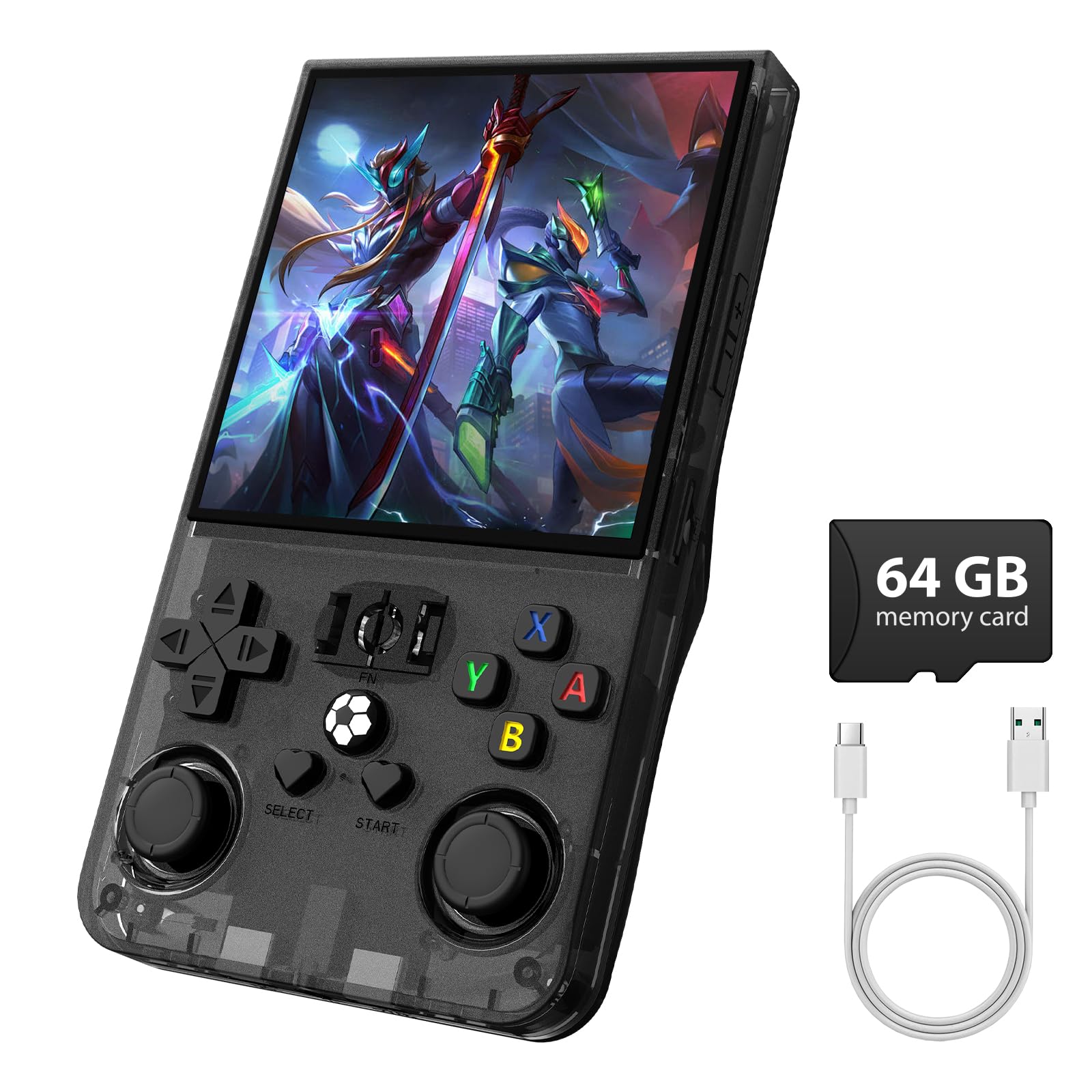 WDYQJE R36MAX front view shows a compact handheld retro gaming console.