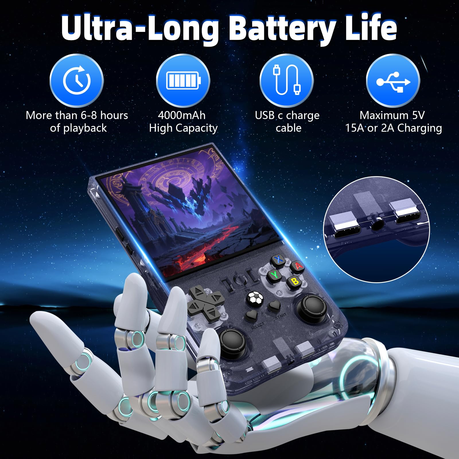 WDYQJE R36MAX tempered glass face protects the screen during portable play.