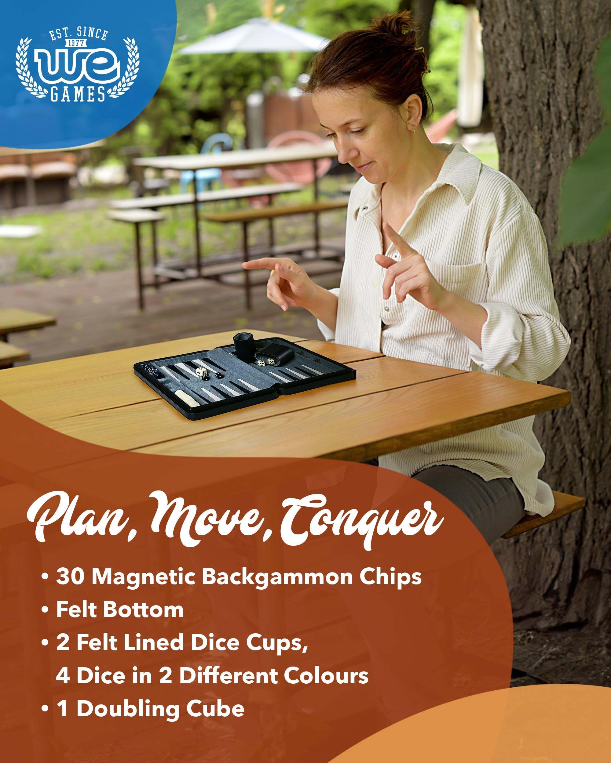 WE Games backgammon dice cups included for fast setup