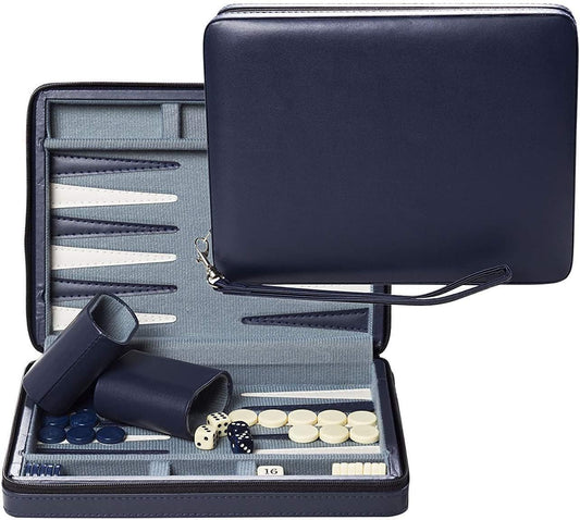 WE Games backgammon set with magnetic travel case shown for portable play
